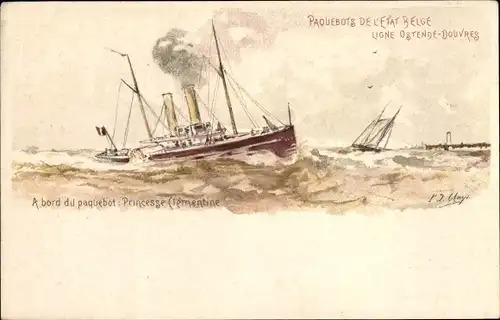 Ganzsachen Künstler Litho Belgien, Fährschiff Princesse Clementine, Linie Ostende Dover