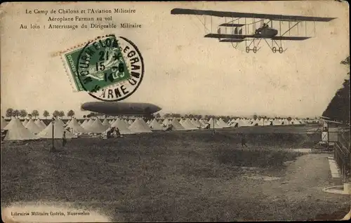 Ak Camp de Chalons Camp de Mourmelon Marne, Aeroplane Farman, Dirigeable Militaire, Aviation