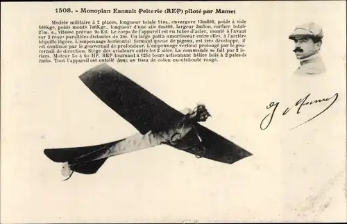 Ak Monoplan Esnault Pelterie, pilote par Mamet, Portrait, Flugzeug, modele militaire