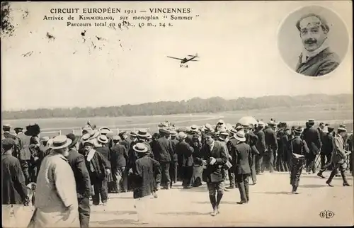 Ak Vincennes Val de Marne, Circuit Europeen 1911, Arrivee de Kimmerling sur monoplan Sommer