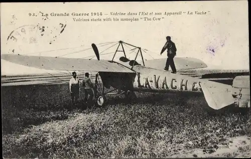 Ak La Grande Guerre 1914, Vedrine dans l'Est set son Appareil La Vache, Pilot, Militärflugzeug