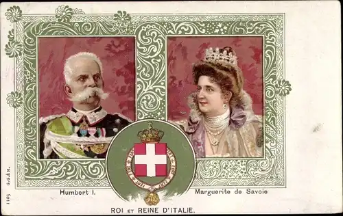 Wappen Litho Roi et Reine d'Italie, Humbert I., Marguerite de Savoie, König von Italien