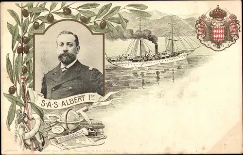 Wappen Ak SAS Albert 1er, Fürst Albert von Monaco, Portrait, Segelschiff