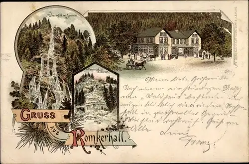 Vorläufer Litho Oker Goslar in Niedersachsen, Romkerhall, Wasserfall, Gasthaus