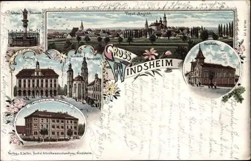 Litho Bad Windsheim in Mittelfranken, Turnhalle, Amtsgericht, Rathaus, Totalansicht