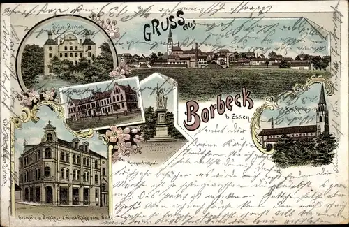 Litho Borbeck Essen Ruhrgebiet, Kirche, Schloss, Kriegerdenkmal, Geschäftshaus