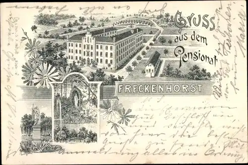 Litho Freckenhorst Warendorf in Nordrhein Westfalen, Pensionat, Vogelschau, Gartenpartie, Fontäne