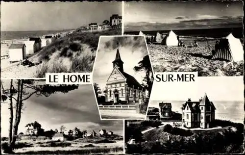 Ak Le Home sur Mer Calvados, La plage, Tentes, L'Eglise, Les Villas, Les Mouettes