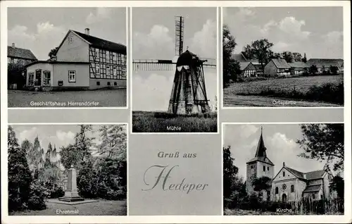 Ak Hedeper in Niedersachsen, Geschäftshaus Herrendörfer, Mühle, Ortspartie, Ehrenmal, Kirche