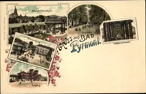 Litho Bad Pyrmont, Stahlbrunnenhalle und -Quelle, Hauptallee, Bahnhof Straßenseite