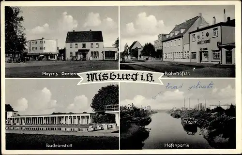Ak Misburg Hannover in Niedersachsen, Meyers Garten, Bahnhofstraße, Badeanstalt, Hafenpartie