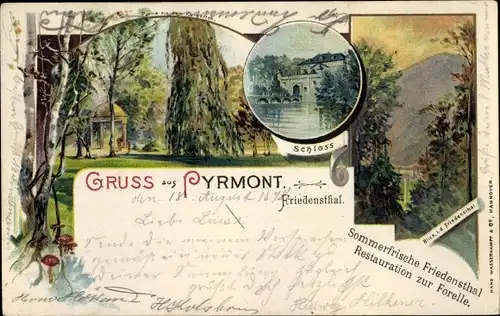 Litho Bad Pyrmont in Niedersachsen, Friedensthal, Restauration zur Forelle, Schloss