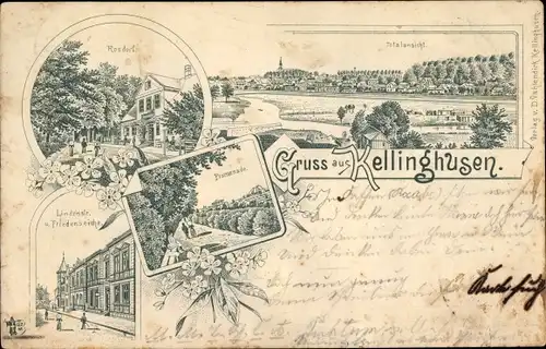 Litho Kellinghusen in Holstein, Lindenstraße, Friedenseiche, Promenade, Rosdorf, Totalansicht