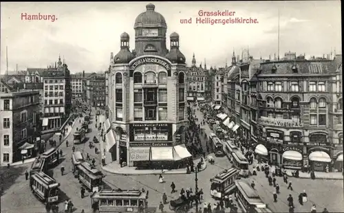 Ak Hamburg Mitte Neustadt, Grasskeller und Heiligengeistkiche, Straßenbahnen