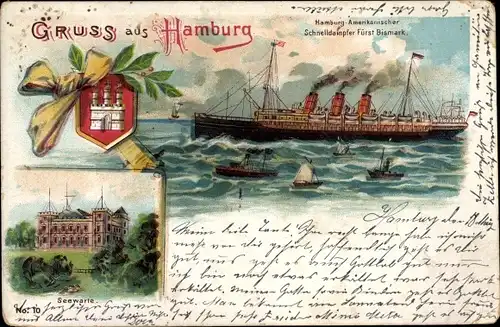 Litho Hamburg Mitte St. Pauli, Seewarte, Hamburg-Amerikanischer Schnelldampfer Fürst Bismarck