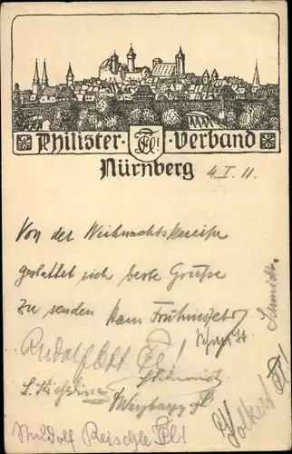 Ak Nürnberg in Mittelfranken, Philisterverband, Stadtansicht mit Burg