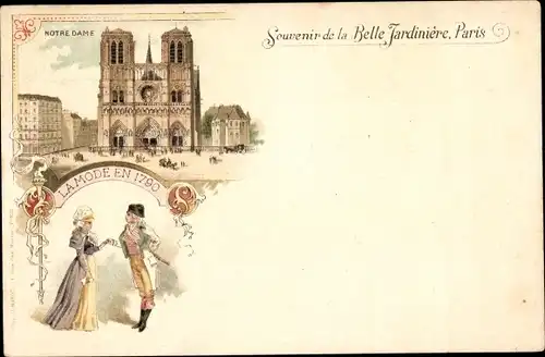 Litho Paris IV., Notre Dame, La Mode en 1790, La Belle Jardiniere, Rue du Pont Neuf, Reklame