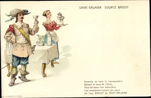 Ak Saint Galmier Loire, Source Badoit, mousquetaire, Reklame