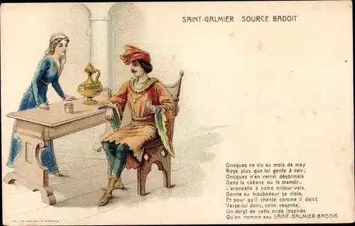 Ak Saint Galmier Loire, Source Badoit, Oncques ne vis au mois de may Rose, Reklame