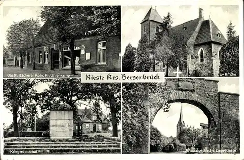 Ak Rieste in Niedersachsen, Kirchen, Kriegerdenkmal, Gasthaus Bäckerei