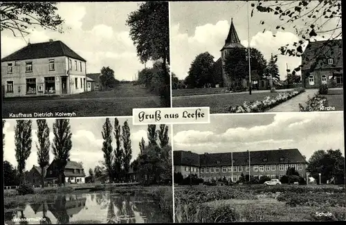 Ak Leeste Weyhe Niedersachsen, Kirche, Wassermühle, Schule, Kaufhaus