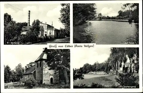 Ak Lüder in Niedersachsen, Molkerei, Teich, Dorfeingang, Kirche