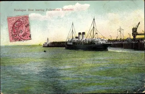Ak Folkestone Kent England, Boulogne Boat leaving Harbour, Dampfschiff