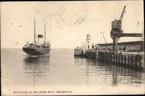 Ak Folkestone Kent England, Departure of Boulogne Boat, Leuchtturm