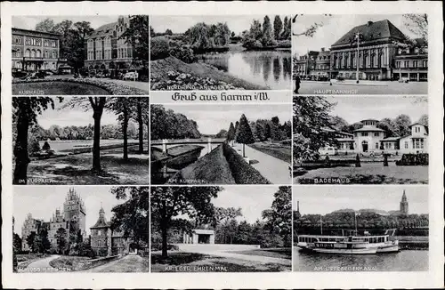 Ak Hamm in Westfalen, Kurhaus, Hauptbahnhof, Badehaus, Kriegerehrenmal, Schloss, Kurpark