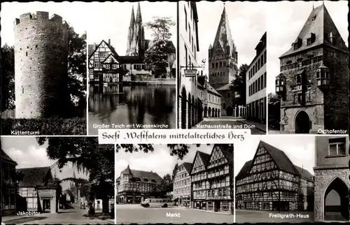 Ak Soest in Westfalen, Kättenturm, Markt, Freilighrath Haus, Jakobitor, Wiesenkirche, Osthofentor