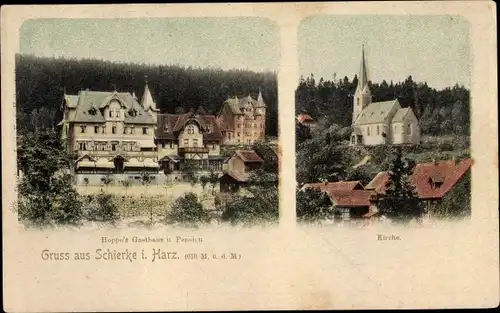 Ak Schierke Wernigerode am Harz, Hoppes Gasthaus u. Pension, Kirche