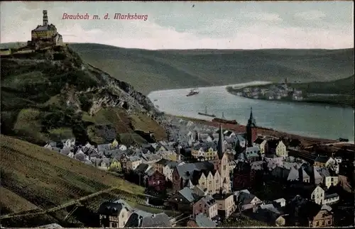 Ak Braubach am Rhein, Blick auf den Ort mit Marksburg