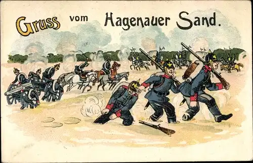 Litho Gruß vom Hagenauer Sand, Soldaten stecken im Sand fest, Truppenübungsplatz