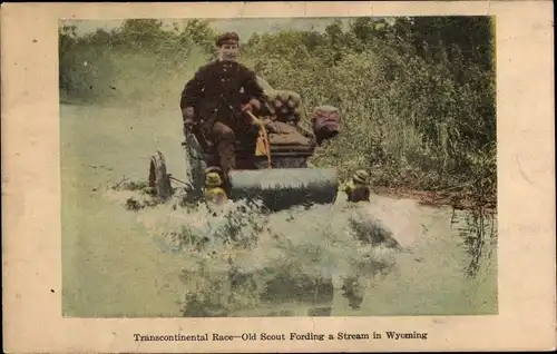 Ak Transcontinental Race, Old Scout Fording a Stream in Wyoming