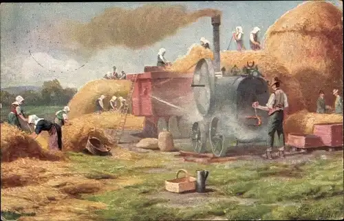 Künstler Ak Landwirtschaft, Dampfbetriebene Dreschmaschine, Getreideernte, Strohhaufen
