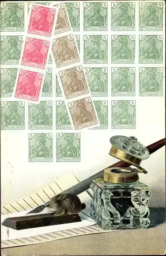 Briefmarken Ak Schreibetui, Füller, Tintenglas, Briefmarkenstreifen