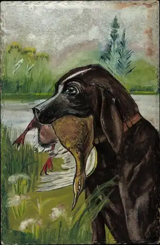 Handgemalt Ak Hund mit Ente im Maul, Teich, Jagd