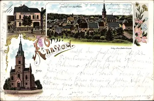 Litho Annerod Fernwald in Hessen, Gasthaus zur Krone, Ansicht von der Platte, Kirche