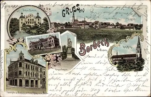 Litho Borbeck Essen Ruhrgebiet, Katholische Kirche, Schloss, Kriegerdenkmal, Geschäftshaus