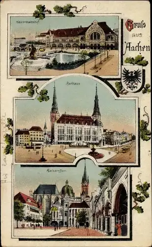 Litho Aachen in Nordrhein Westfalen, Rathaus, Mauerbahnhof, Kaiser-Dom, Eichenblätter, Reichswappen