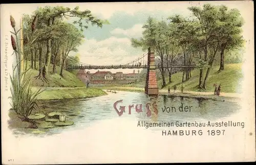 Litho Hamburg Mitte Altstadt, Allgemeine Gartenbauausstellung 1897, Brücke, Wald