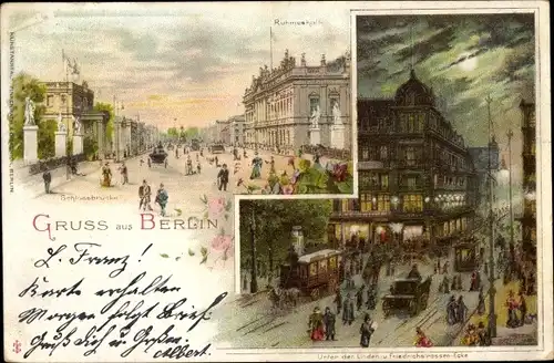 Litho Berlin, Ruhmeshalle, Schlossbrücke, Friedrichstraße, Unter den Linden bei Nacht