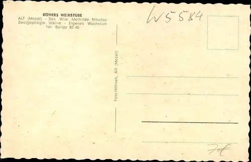 Ak Alf an der Mosel, Bömers Weinstube, Inh. Mathilde Nikolay