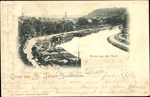 Ak St. Johann Saarbrücken im Saarland, Partie an der Saar, Frachtschiffe