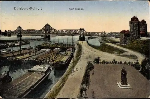 Ak Ruhrort Duisburg im Ruhrgebiet, Rheinbrücke, Frachtschiffe