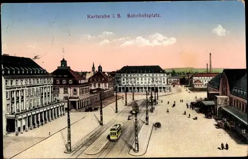 Ak Karlsruhe in Baden, Bahnhofsplatz, Straßenbahn