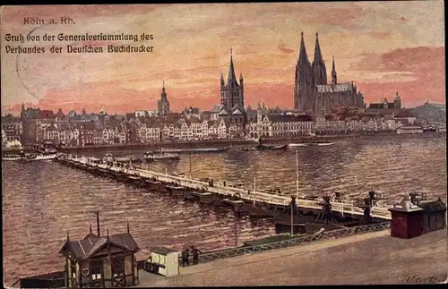 Ak Köln am Rhein, Blick auf die Altstadt mit Dom, Pontonbrücke