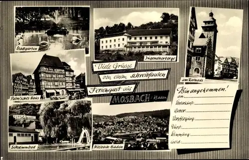 Ak Mosbach am Odenwald, Stadtgarten, Rathaus, Schwimmbad, Jugendherberge