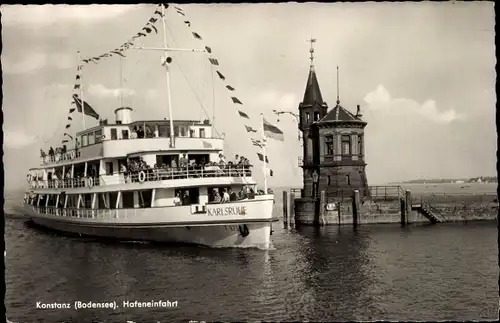 Ak Konstanz am Bodensee, Hafeneinfahrt, Salondampfer Karlsruhe