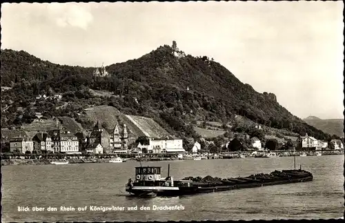 Ak Königswinter am Rhein, Blick über den Rhein auf den Drachenfels, Frachtboot